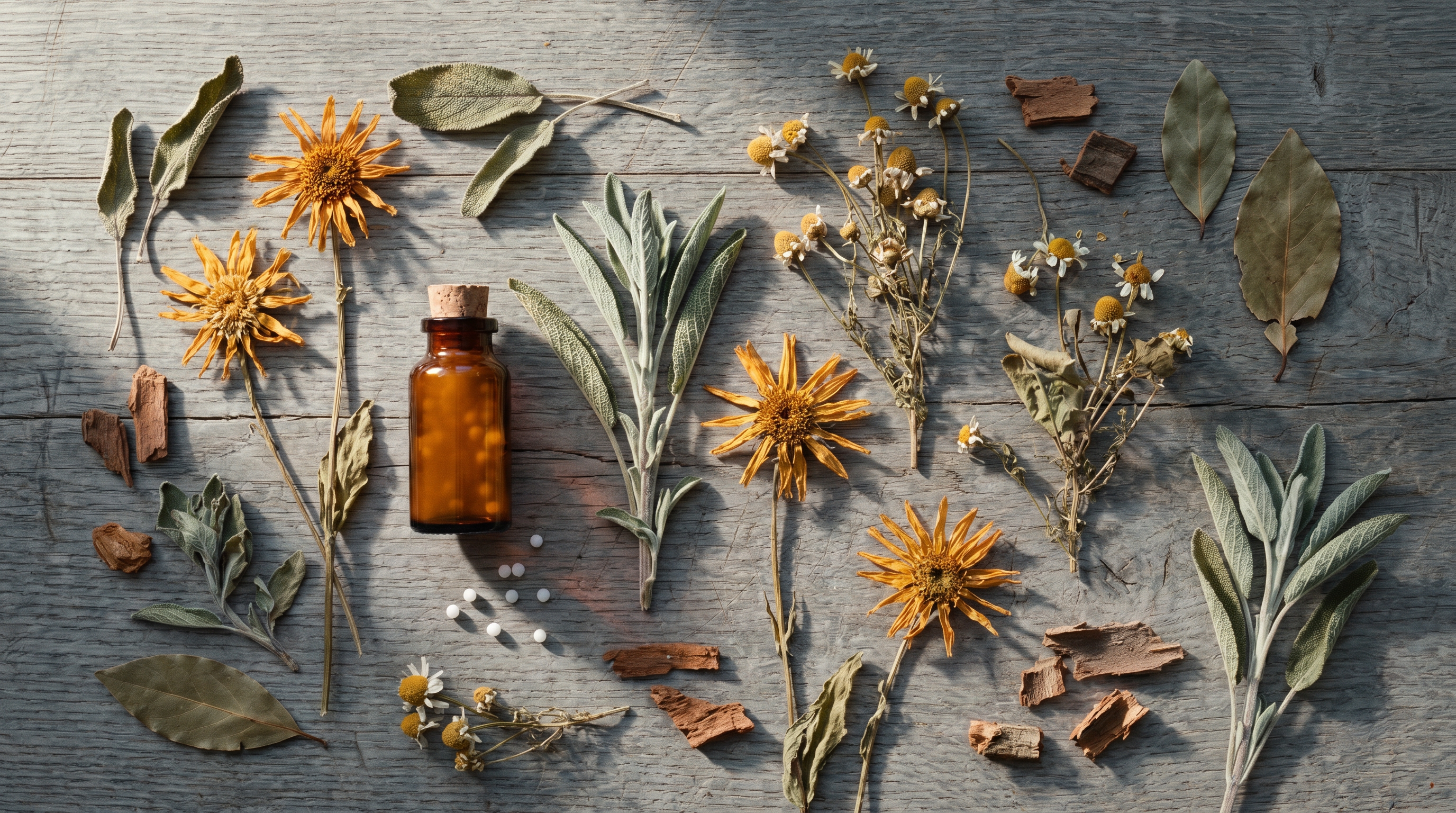 Dried botanicals and remedy bottle on aged wood
