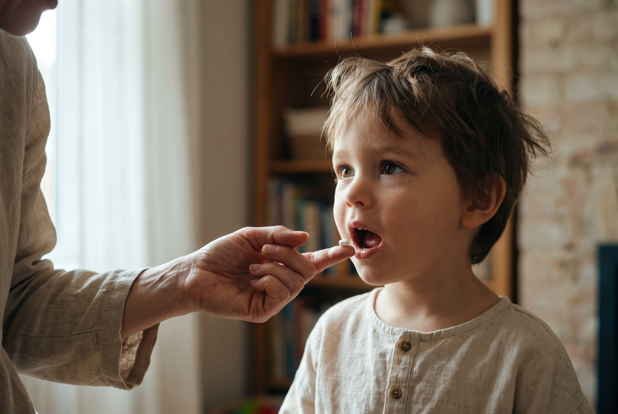 Mother giving remedy to child