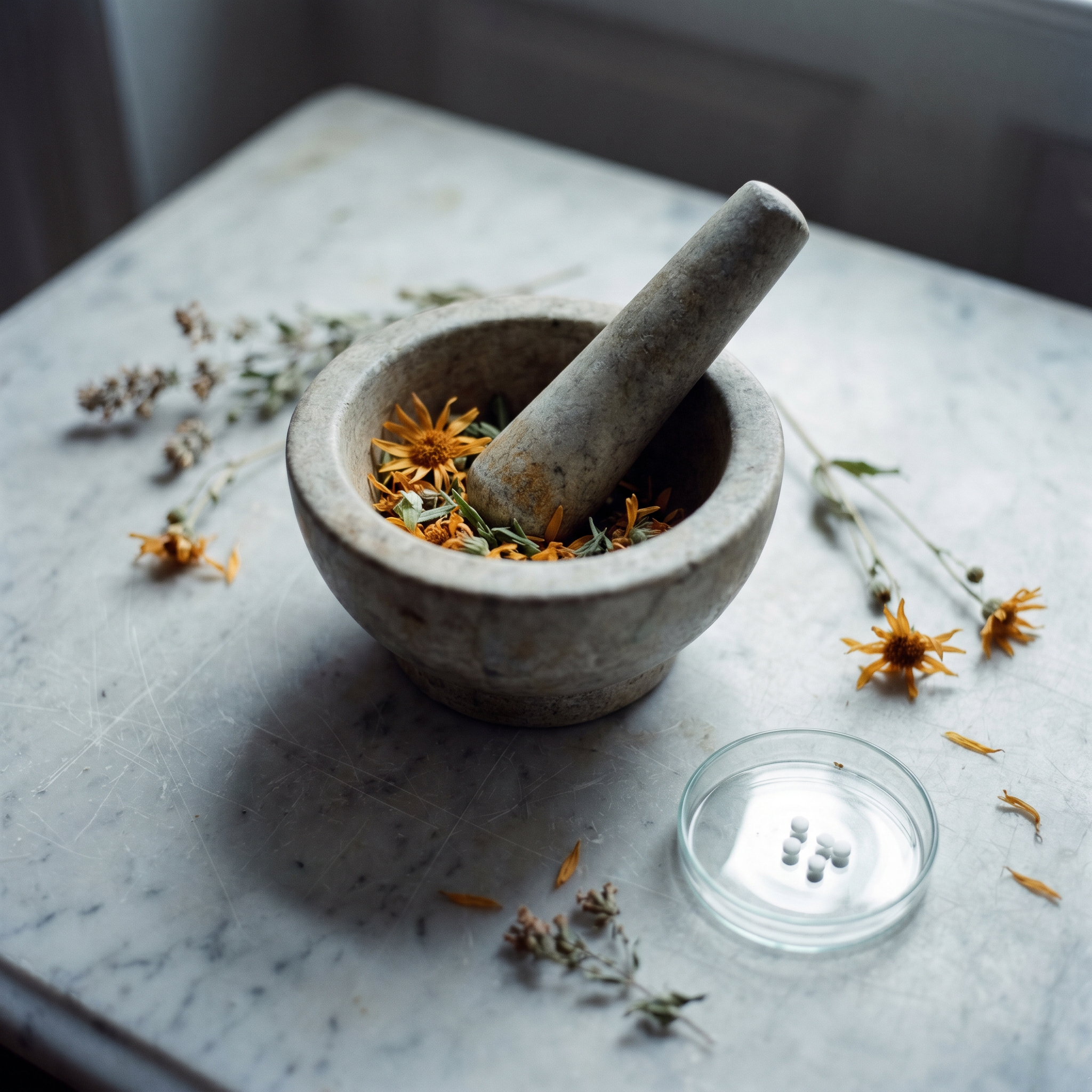 Homeopathic remedy preparation — mortar and botanicals